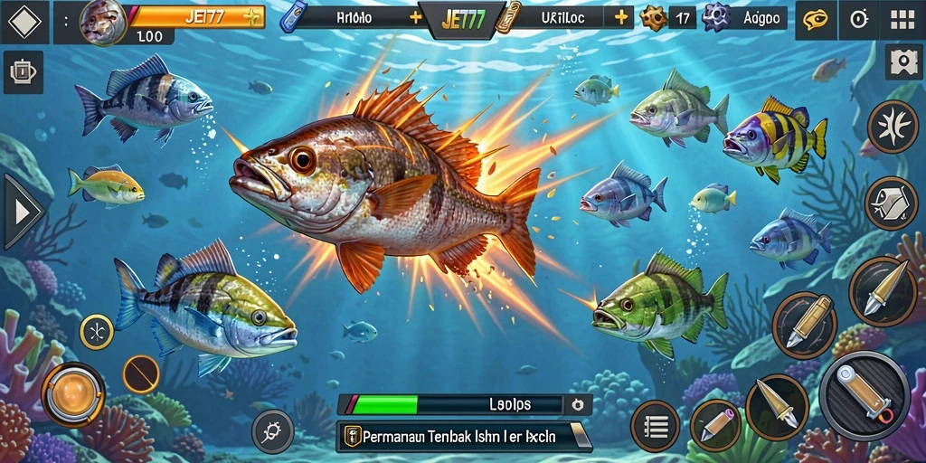 Tampilan utama gameplay JET77 dengan aksi Tembak Ikan yang seru.